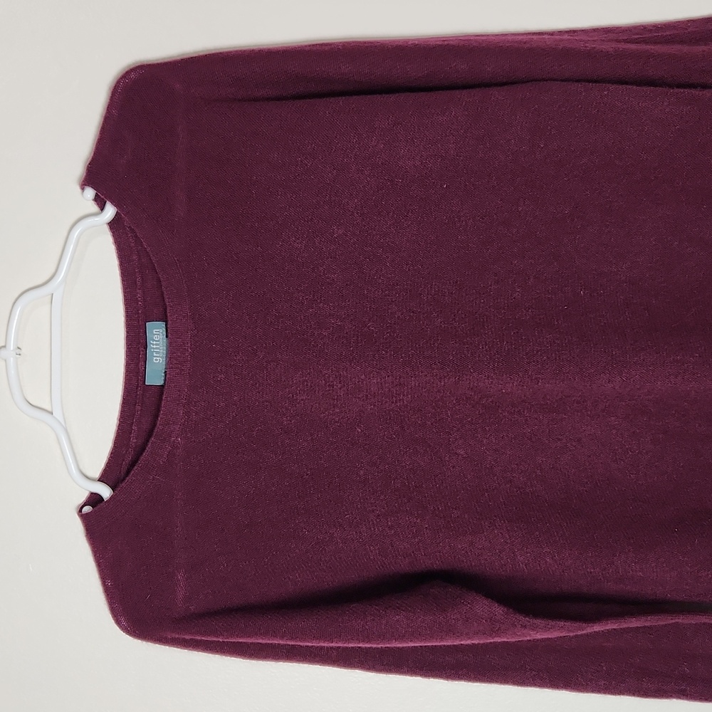 Griffen 100% Cashmere Crewneck Sweater Fringe Hem Burgundy Maroon Lightweight - Picture 3 of 13